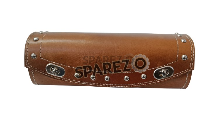 Universal Fit Indian Motorbike Front Side Brown Tan Genuine Leather Tool Bag - SPAREZO